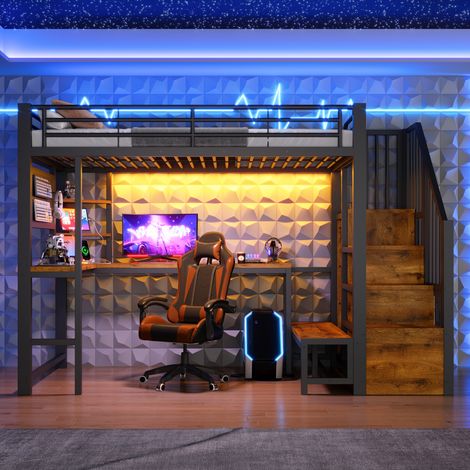 Lit mezzanine 90x200 cm, lit enfant avec bureau intégré, escalier avec rangement, LED, prises USB et Type-C, structure métal et MDF, noir (1/5)