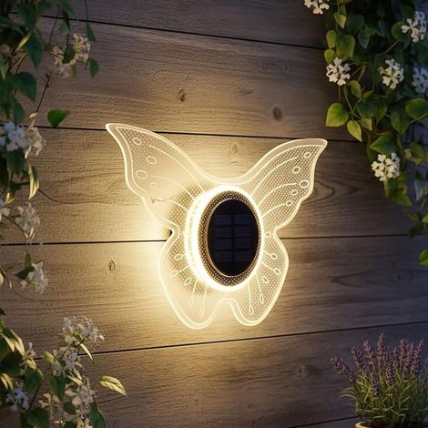 LED Solar Wandlampe Schmetterling transparent - 25 cm - Deko Wandleuchte warm weiß für Außen