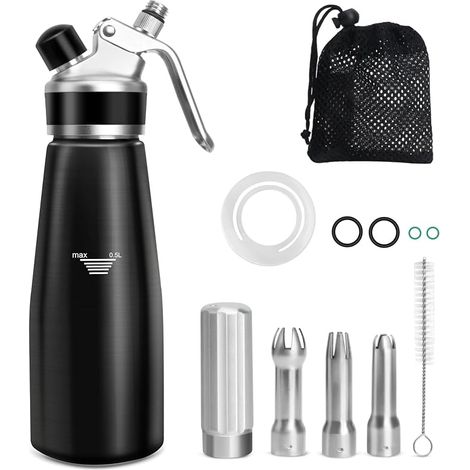 Chantilly Siphon 500 ml Siphon Mousses Creams Decorating Cakes Desserts Aluminium Cream Syphon 3 Stainless Steel Nozzles Mesh Bag Cleaning Brush (1/5)