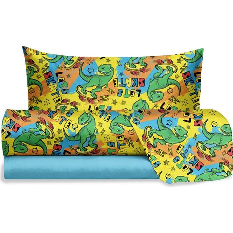 hermet Jolly, Set Lenzuola Letto Singolo Dinosauro, 100% Cotone, Lenzuolo Sopra + Lenzuolo con Angoli + Federa, Completo Letto Fansatisa Cameretta (1/2)