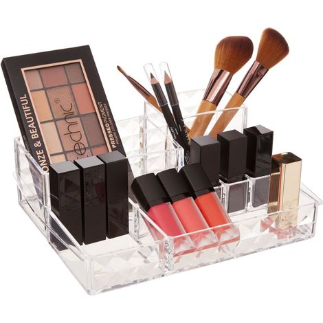 Premier Housewares Cosmetic Organiser with 11 Wide Compartments Clear Diamond Multipurpose Storage Statement Piece for Dresser / Bathroom w18 x d24 x h9cm (1/5)