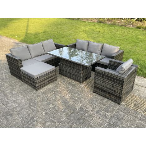 Fimous 8 Places Extérieur En Rotin Canapé Set Réglable Ascenseur Table À Manger Table Basse Chaises Tabouret de pied Gris Foncé (1/4)
