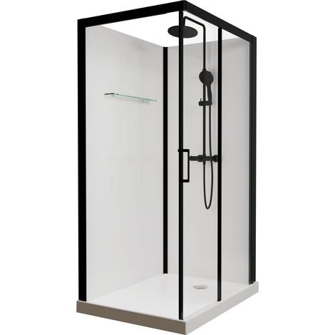 KINEDO - Cabine de Douche Intégrale Brooklyn Black - Verre/Aluminium/Acrylique - Porte Coulissante - Livrée Avec Robinetterie Noire - Fabriquée en France - 120 x 90 cm - Blanc et profilés noirs (1/5)