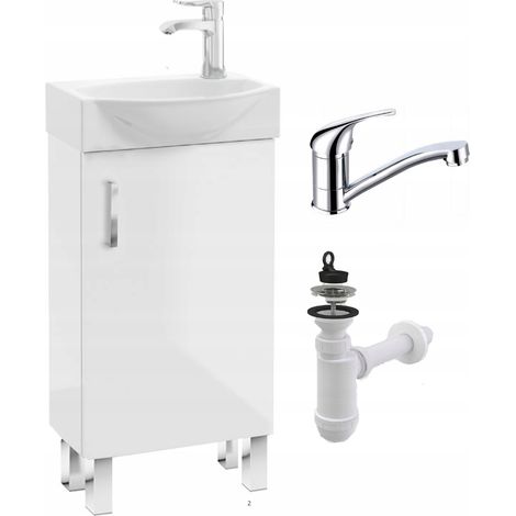 Meuble sous lavabo 40 cm - Blanc brillant - Compact et élégant - Avec robinet pivotant (1/5)