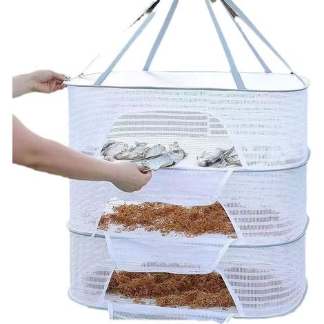 Séchoir à herbes 3 étages suspendu en filet, pliable pour plantes, séchage mural, panier à linge en maille, égouttoir textile, poche de rangement, support sec-linge blanc (1/5)