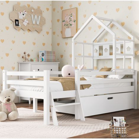 Cama infantil alta con escalera cajón madera blanca OKMYHOME (1/5)
