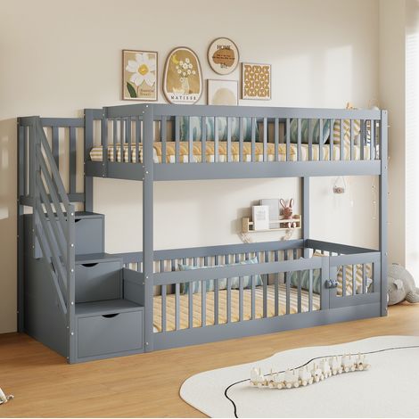 Lit superposé enfant moderne 90x200 cm en bois massif gris avec escalier de rangement, barrières de sécurité et lit bas avec porte (1/5)