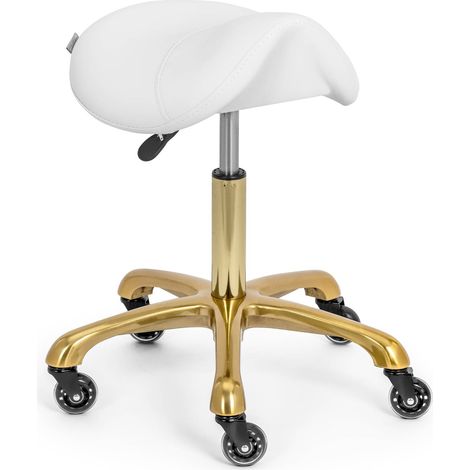 Sattelhocker weiß/golden ergonomischer Rollhocker 57 - 75 cm Sitzhöhe 150 kg