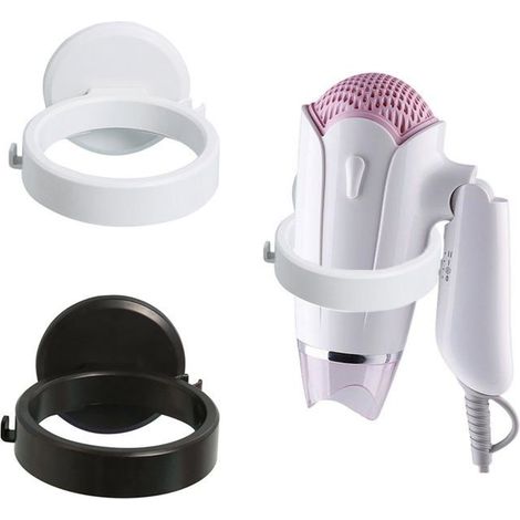 Lot de 2 Supports Sèche-Cheveux Muraux Plastique Noir Blanc, Rangement Salle de Bain Aucunely (1/5)