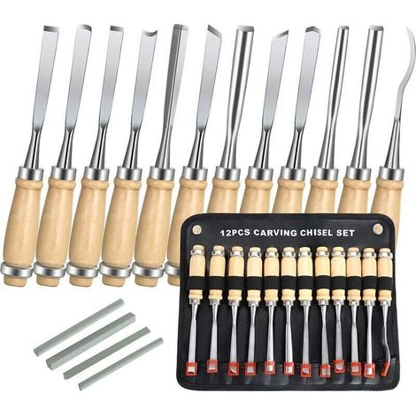 Ciseaux a Bois, 12PCS Outil de Gravure Bois Kit, Décapage Couteau Sculpture sur Bois avec Manche en Bois et Moulinet, pour Débutants, Sculpteur, Charpentier, Amateur (1/5)