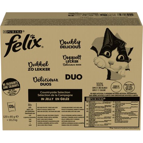 Alimento para gatos adultos Felix Countryside Selection en gelatina, 10,2 kg (120 x 85 g)