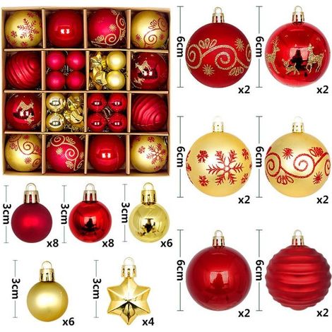 Ensemble d'ornements de sapin de Noël pour la fête à la maison, grande boule multicolore, décorations, 3cm-6cm(rouge doré) (1/4)