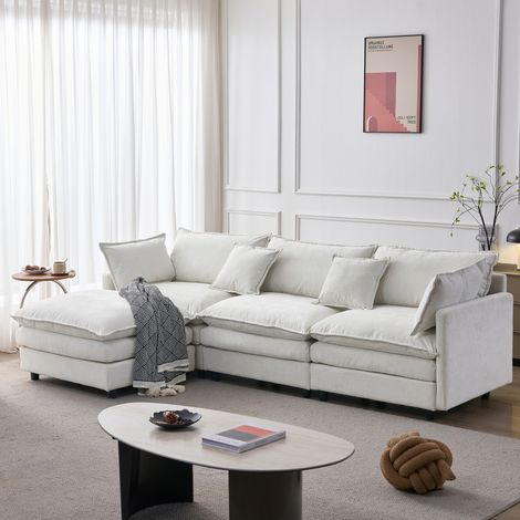 Divano angolare 267x154x85 cm in tessuto ciniglia beige modulabile - FLORAGRACE (1/5)