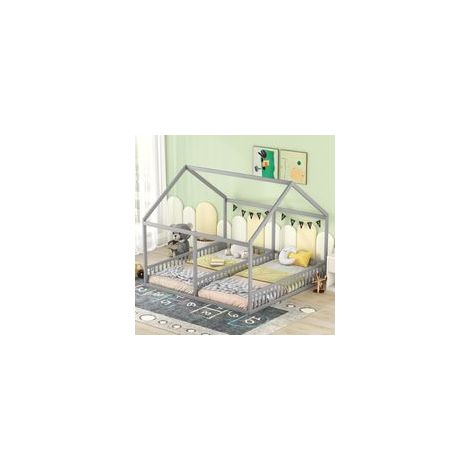 Lit cabane 90x200 cm En bois de pin gris Barrière de protection Dimensions extérieures 204x187x168 cm Pour enfants jusqu'à 100 kg (1/5)