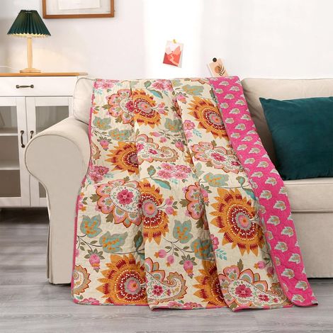 Couvre Lit Matelassé 1 Personne, Dessus de lit 150x200, Couverture en 100% Coton Doux et Confortable, Couverture 1 Personne Motif Floral, Couette Matelassée à Impression Réversible (1/5)