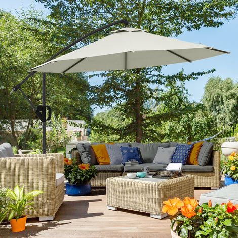 Parasol à Bras Ø3x2,6 m à 8 baleines avec Base en Croisillon, Parasol de Jardin en Aluminium, Métal et Polyester, Blanc Crème (1/5)
