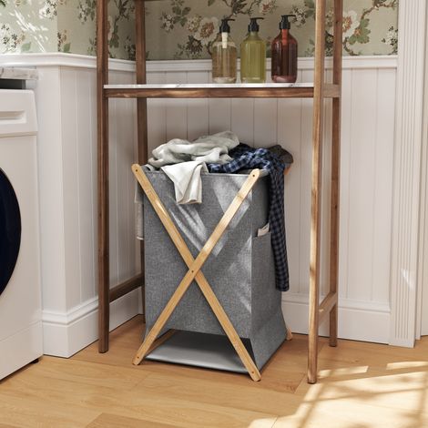 Faltbarer Wäschekorb (55 l), Stoff- und Bambusrahmen, für Schlafzimmer und Waschküche, Naturholz und Grau