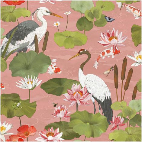 Koi Pond Wallpaper Pink Floral Birds Lily Pads Metallic Finish 10m Roll (1/4)