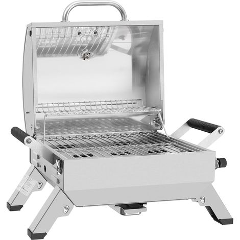 Royal Gourmet Edelstahl Tragbarer Gasgrill, Compact Tischgrill mit Zwei Griffen und Reiseschlössern, Klappbaren Beinen, 3 kW BBQ Campinggrill für Balkon, Picknick Silber