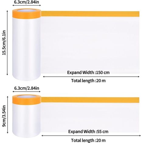 6 Rouleaux Films de Masquage avec Ruban Adhésif, Masker avec Ruban de Masquage, Film de Peintre Transparent pour Masquer Recouvrir Protection Sol Meubles (55 cm x 20 m, 150 cm x 20 m) (1/4)