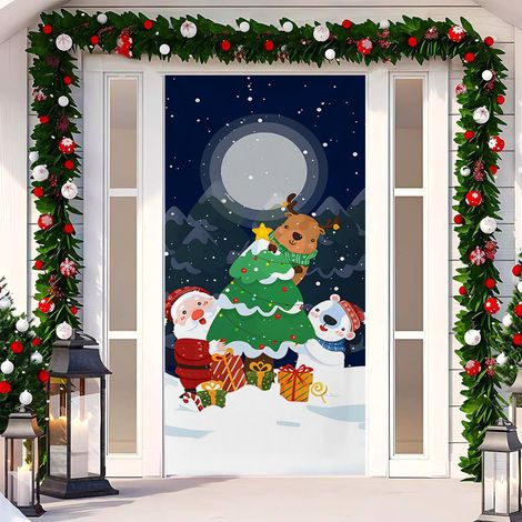 Rideau de porte de Noël 2026, bannière extérieure avec fond photo Père Noël et chien, tissu à suspendre - 90 x 180 cm (œillets + ruban) - 58