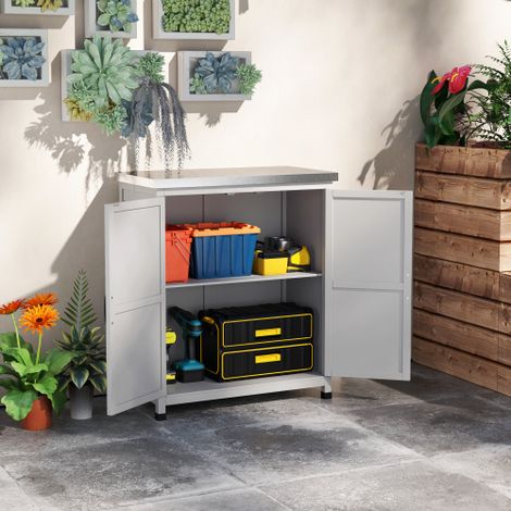 MODFU Armadi da esterno resistenti alle intemperie, Mobiletto da giardino con 2 ante, multiuso, 79x43x92cm, legno, grigio (1/5)