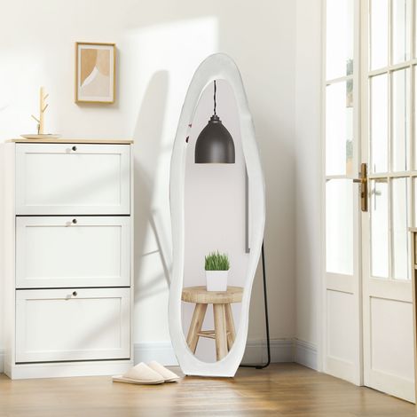 Specchio a figura intera, forma ondulata, 160 x 50 cm, autoportante, cornice rivestita in velluto, camera da letto, soggiorno, bianco