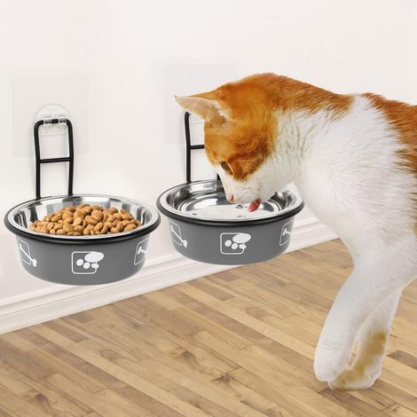 Comederos elevados para gatos, bandeja de comida para gatos montada en la pared, comederos y bebederos elevados para gatos, comederos elevados de acero inoxidable con soporte (paquete de 2). (1/5)