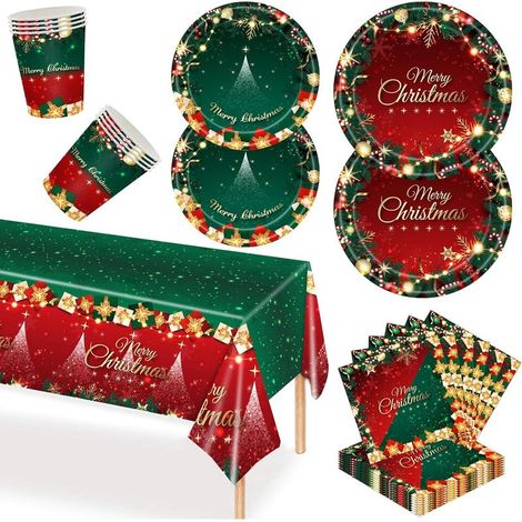 Service de table de Noël en papier 69 pièces, 1 nappe, 16 assiettes plates et 16 assiettes à salade, 16 gobelets de 250 ml, 20 serviettes, vaisselle de fête de Noël rouge et verte (1/5)