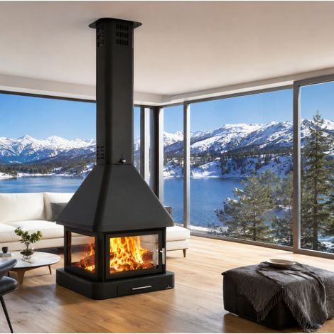 Azura Home Design – Poêle à bois CABIMAS II 4 faces vitrées 16 kW – Puissance 16 kW – Rendement 76% – Volume chauffé 400m3 – Fabriqué en fonte (1/5)