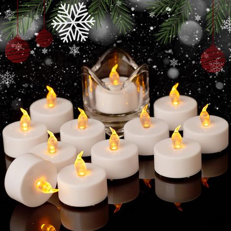 12 candele tealight a LED: fiamma tremolante realistica, candela a LED senza fiamma, mini tealight a batteria, oltre 200 ore di autonomia, ideali per feste e decorazioni natalizie, 12 giallo caldo [Cl (1/5)