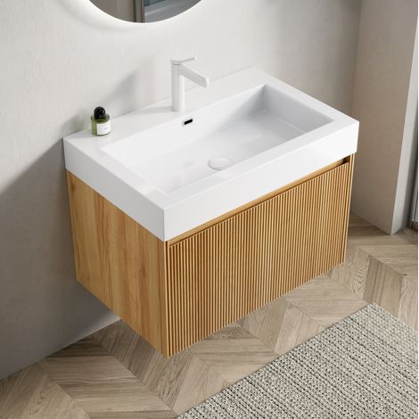 Mueble de baño suspendido 70 cm con lavabo de resina blanco y cajón en tono madera natural (1/5)