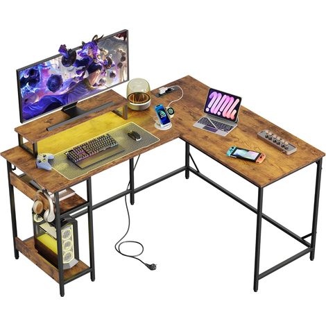 Bureau gaming 2-en-1 transformable L 140 × 118 cm ou I 208 × 50 cm, éclairage RGB, support écran et étagère, poste de travail home office, brun vintage (1/5)