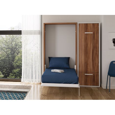 Lit escamotable vertical 140x190 cm avec armoire bureau et accoudoir Kampo - Coffrage Noyer - Matelas Sans matelas - Façade Blanche (1/5)