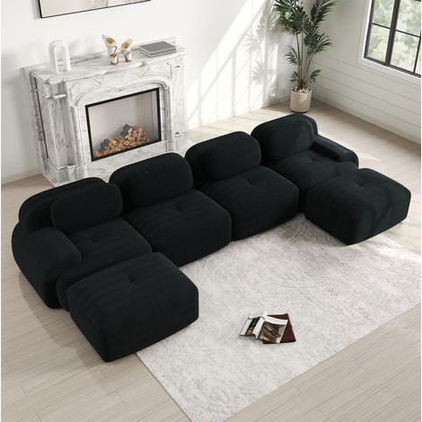 Divano angolare modulare 388x178x70 cm, senza montaggio, schienale ergonomico, tessuto in corduroy, nero (1/5)