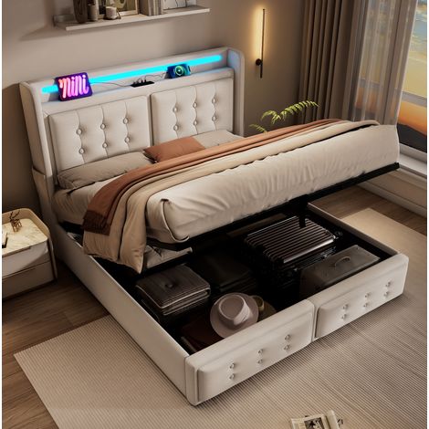 Lit coffre 180x200 cm en coton et lin beige, structure bois et métal, LED, prises USB-C, sommier à lattes inclus (1/5)