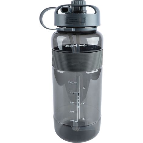 Auslaufsichere Sport-Trinkflasche mit abnehmbarem Silikonstrohhalm und Griff, 2000 ml, grau (1/4)