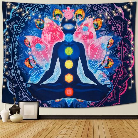 Tenture murale 7 Chakras 150x130cm, décoration bohème indienne psychédélique pour yoga et méditation, tapisserie hippie colorée, art mural chambre et salon, toile ethnique tendance (1/5)