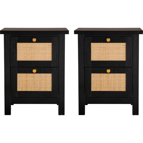 Hallowood Furniture Newquay Black Bedside Table with 2 Drawers and Rattan Front Set of 2, Wooden Storage Unit, Side Table, Lamp Table, Nightstand, Narrow Chest of Drawer for Living Room (1/5)