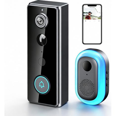 Sonnette vidéo avec caméra sans fil, étanche IP65, détection de mouvement intelligente, vision nocturne, détection de mouvement PIR, vision nocturne, audio bidirectionnel, compatible avec Tuya (1/5)