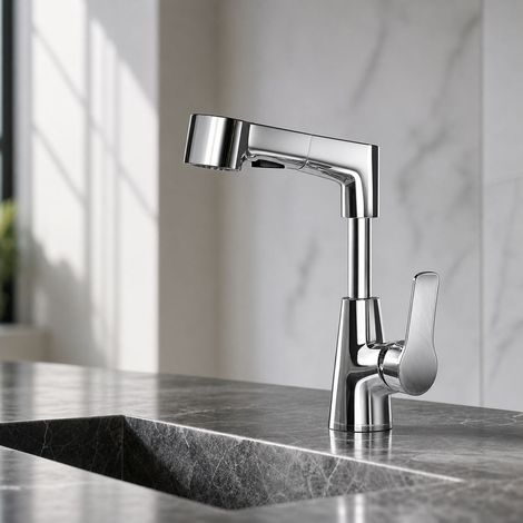 Robinet lavabo extensible et réglable en hauteur, mitigeur salle de bain rotatif 360°, corps en laiton, finition chromée, double jet (1/5)