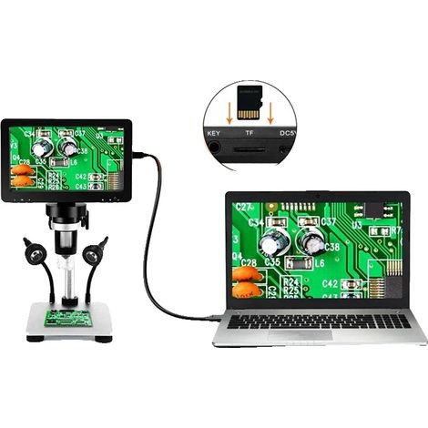 Microscopio digital, aumento de 50X a 1200X, pantalla HD de 7 pulgadas, calidad de video 1080P, modo de enfoque manual, fuente de luz LED de 8 LED. (1/5)