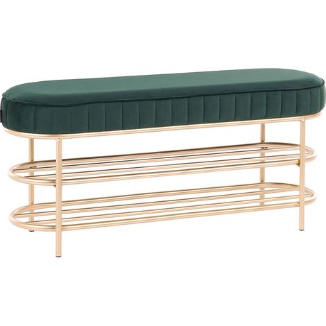 Bench Emerald Green Velvet Upholstered Seat Hallway Seat Glamour Style with 2 Shelves VERGENNES (1/5)