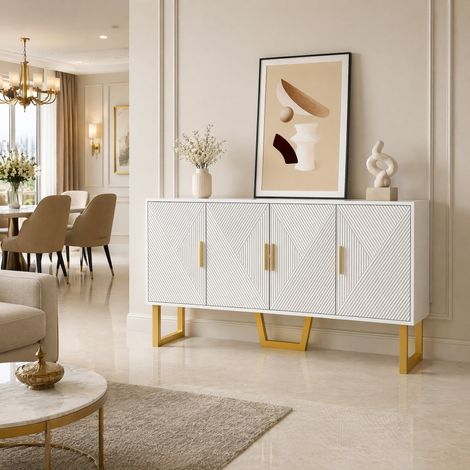 Aparador 150 cm blanco brillo con 4 puertas, estantes regulables y tiradores dorados DESVIAE (1/5)