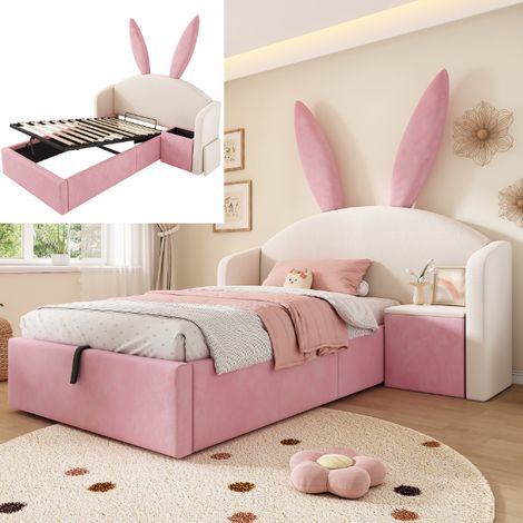Lit enfant 90x190, lit 1 places, Tête de lit oreilles de lapin, Espace de stockage hydraulique,Sommier à lattes, Velours Beige Rose (1/5)