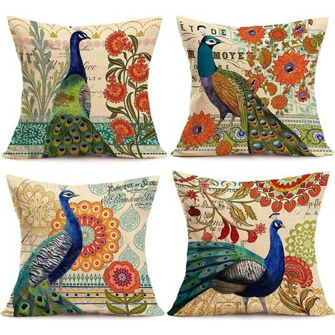 Set mit 4 dekorativen Pfauen-Kissenbezügen, 45 x 45 cm, aus Baumwolle und Leinen, wiederverwendbare quadratische Kissenbezüge für Sofa und Schlafzimmer (1/5)