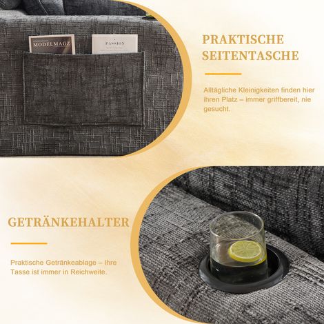 Canapé modulable 3 places avec repose-pieds, coussins, porte-gobelets & poches latérales – mousse + ressorts – tissu chenille gris – salon (1/4)