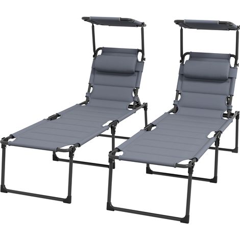 Set aus 2 besonders bequemen, klappbaren Sonnenliegen mit mehrfach verstellbarer Sonnenblende und Rückenlehne, grau
