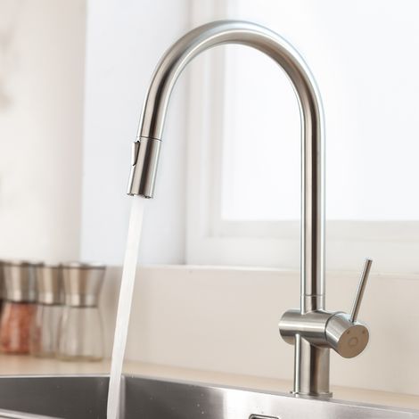 Cecipa Mitigeur de Cuisine avec Douchette Extractible, Robinet en Acier Inoxydable Brossé, Robinet Cuisine d'Évier en Forme de U 2 Modes de Sortie D'eau (1/5)