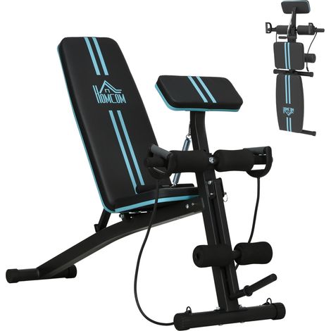 Banc de musculation pliable avec dossier réglable. extension de jambes. pupitre de musculation. élastique de résistance. 160 x 54 x 106 cm. noir (1/5)